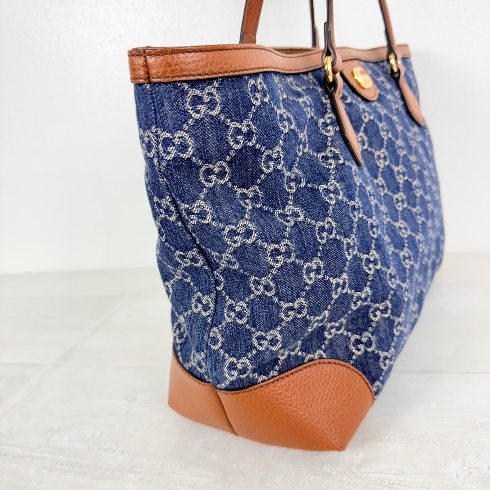 Gucci GG Monogram Denim Tote Bag Medium Blue Brown Leather Trim Tea Cuir - Picture 4 of 16